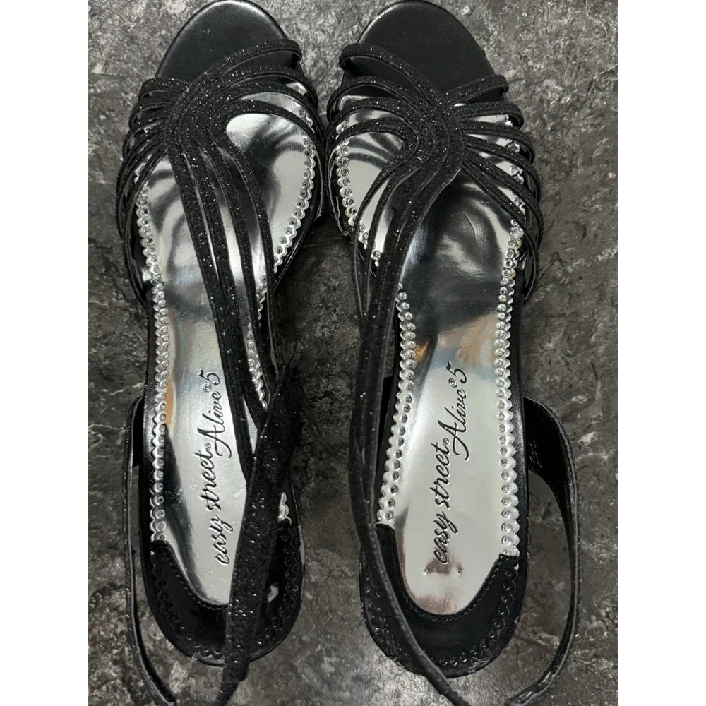 Easy Street Alive @ 5 Black Glitter Dress Sandals Short Heel Dance Flex Sz 9.5M